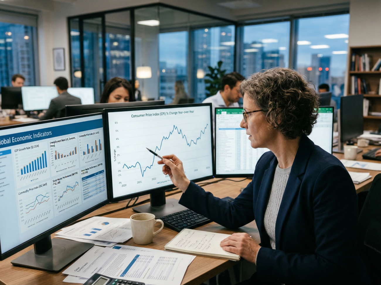 economic analyst reviewing inflation chart and global economic indicators