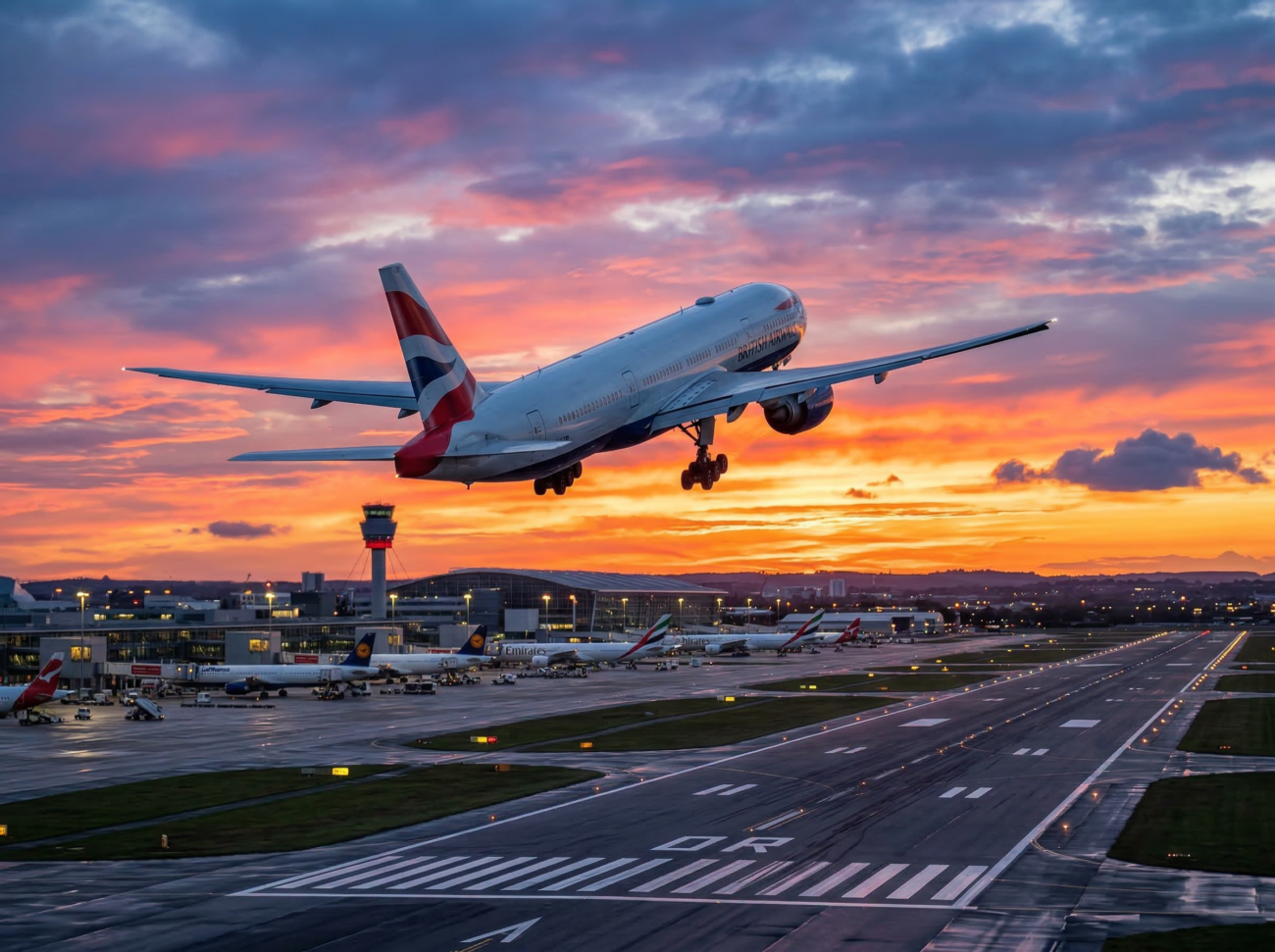 commercial airplane runway takeoff sunset aviation industry