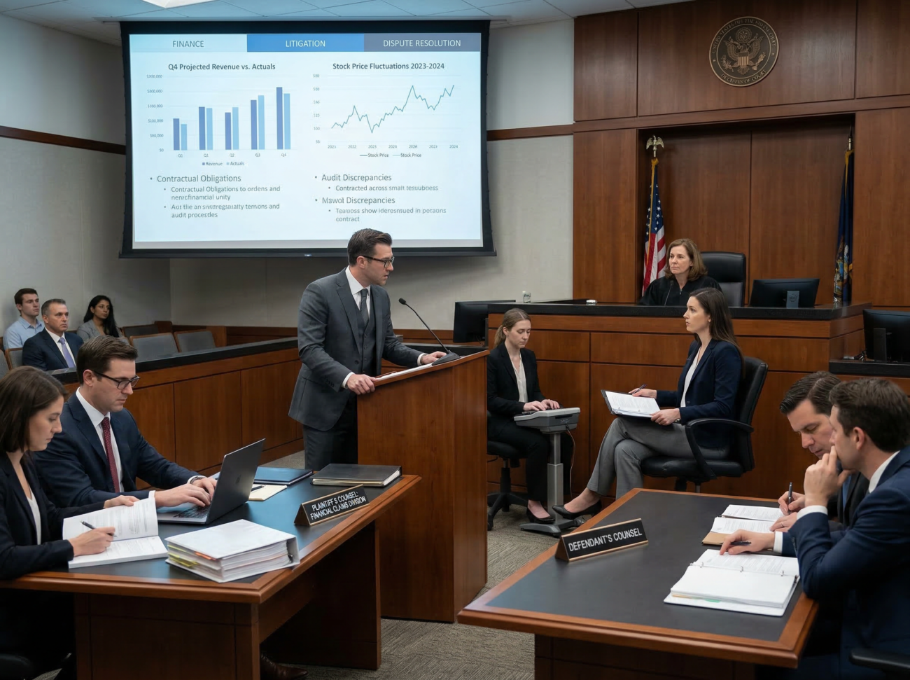 corporate courtroom legal dispute finance concept