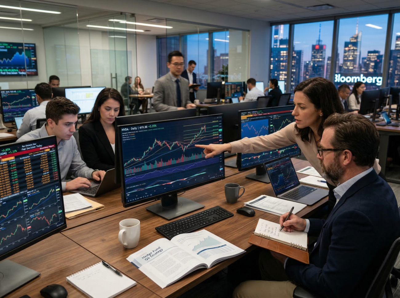 financial analysts reviewing stock charts investment strategy