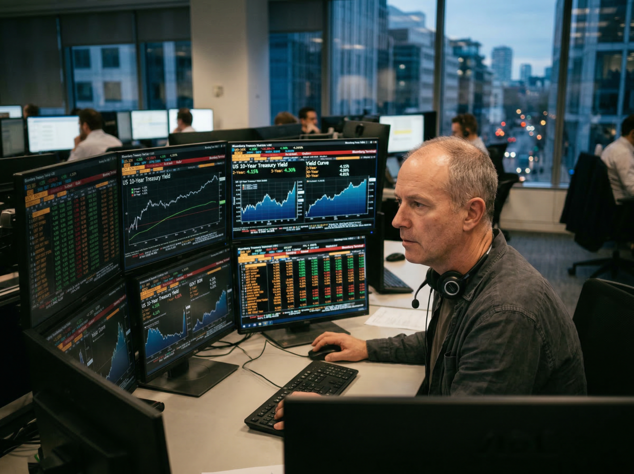 financial market trader monitoring bond yields screens