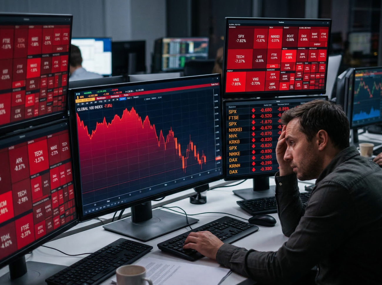 global stock market crash red charts trading screen