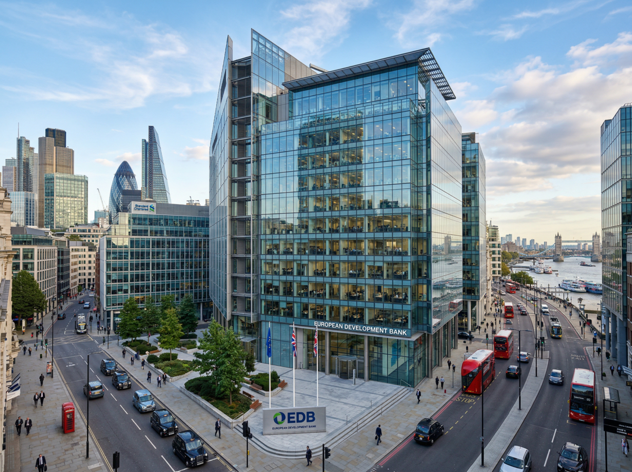 modern european bank building corporate finance glass office city skyline