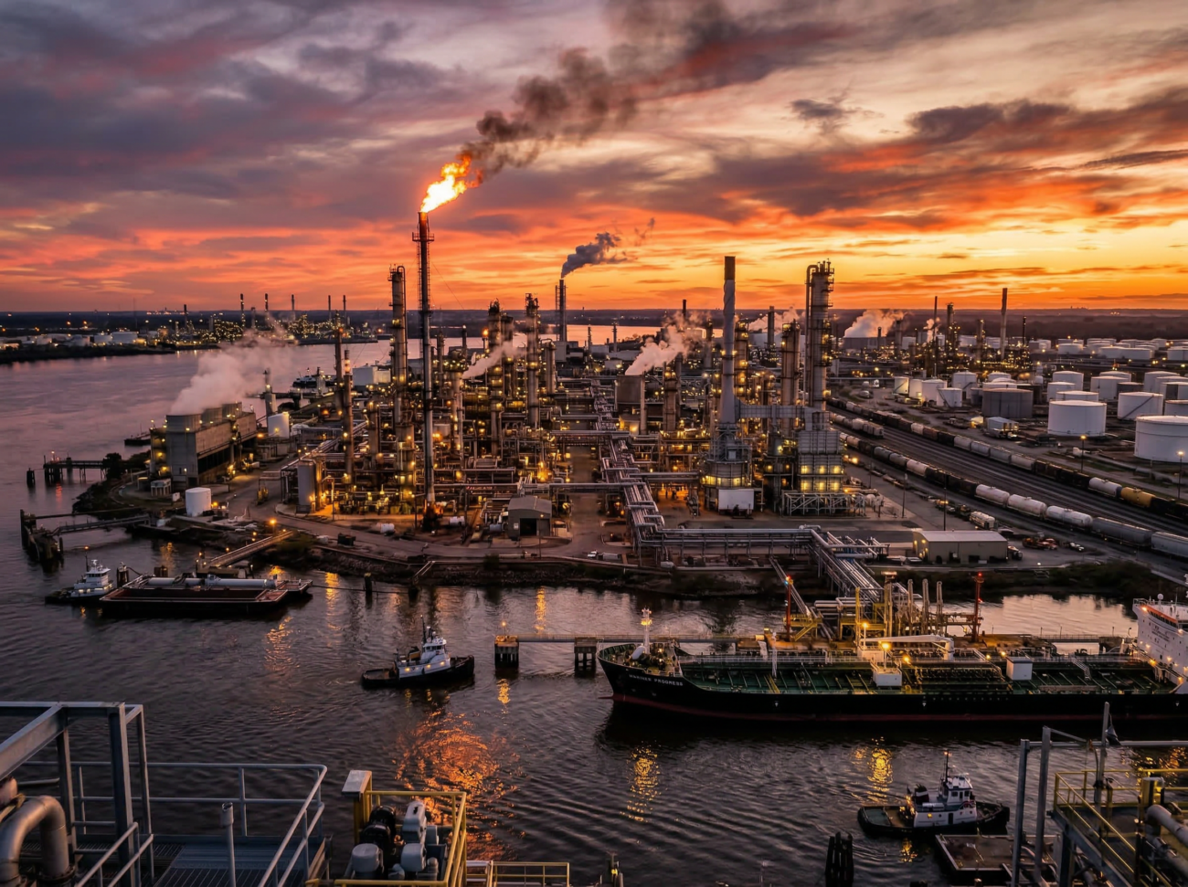 oil refinery industrial plant sunset energy production