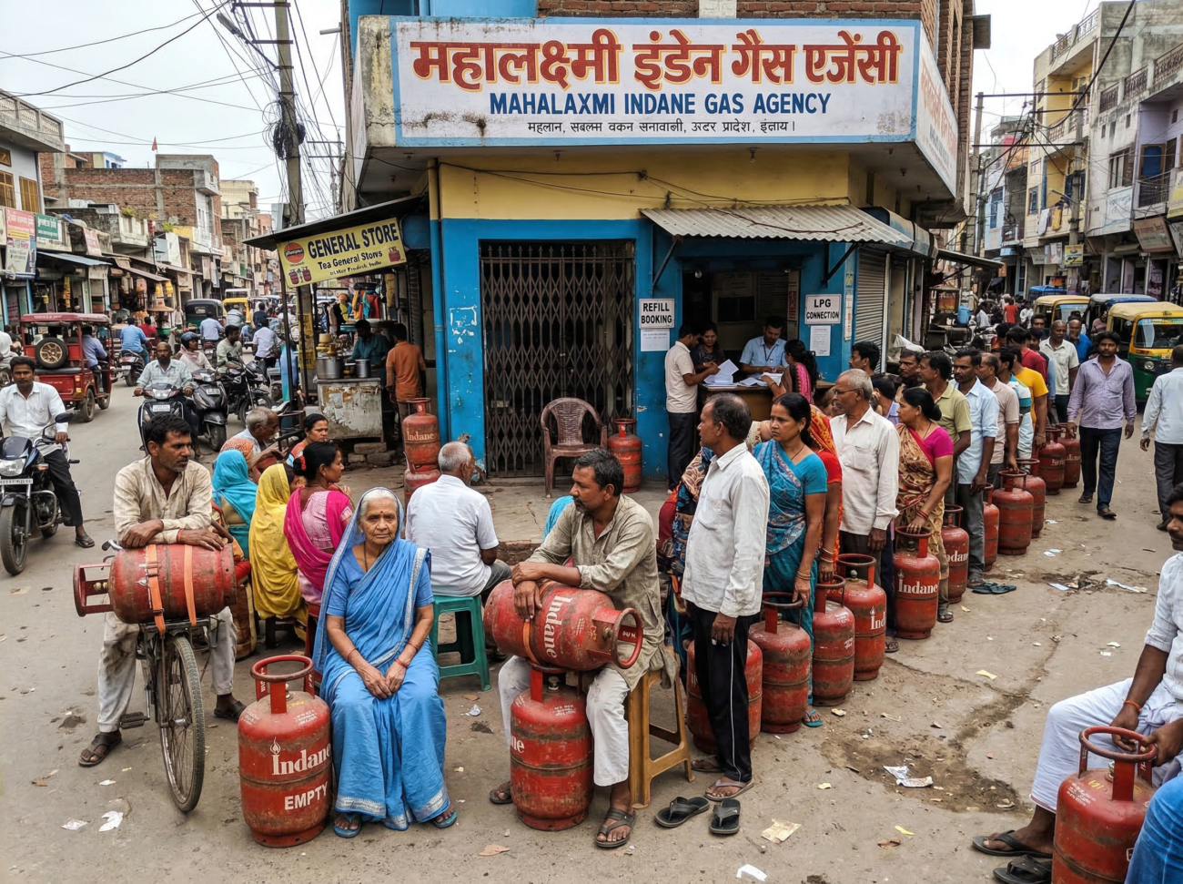 people waiting with gas cylinders outside LPG agency India