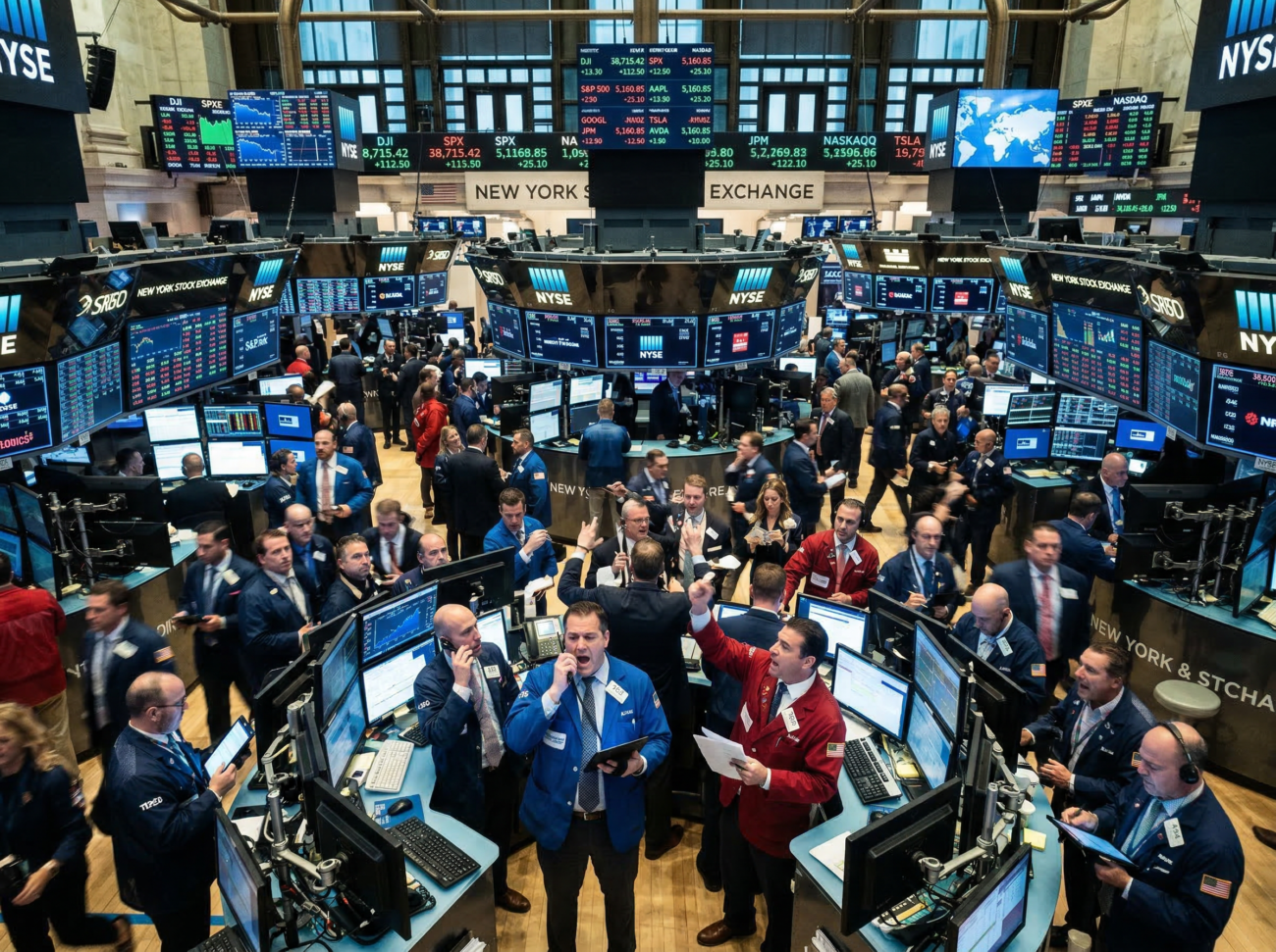 stock market chart showing decline with financial trading screens