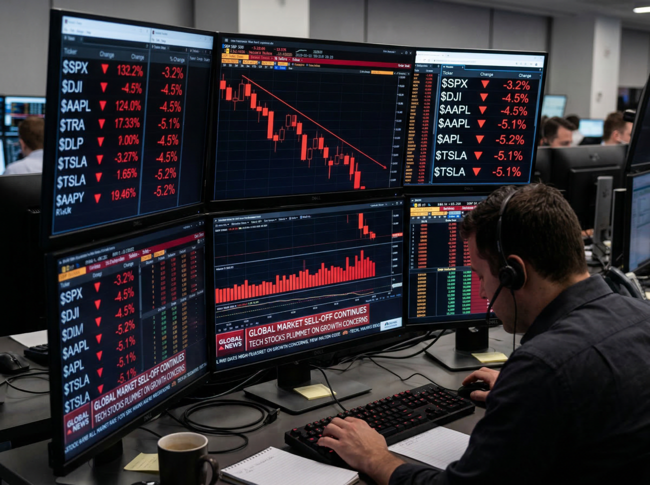 financial market trading screen falling stocks data