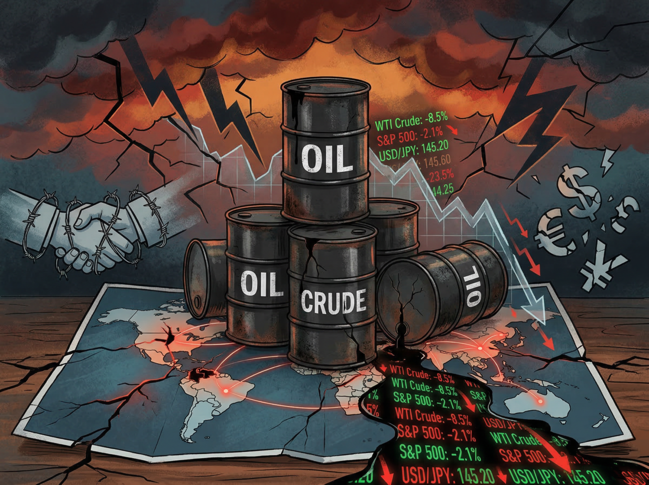 geopolitical tensions oil barrels financial markets concept