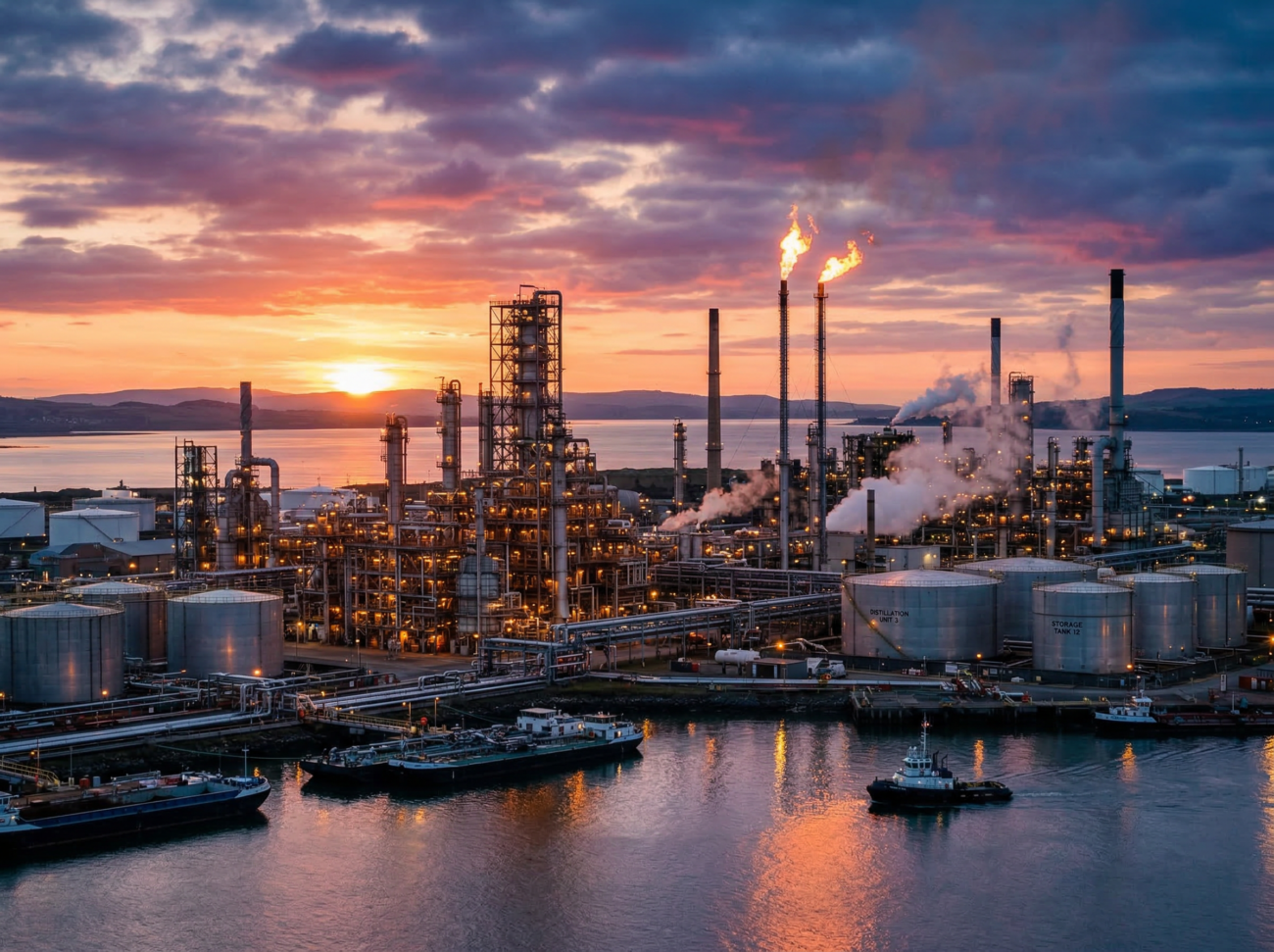 oil refinery industrial energy production sunset