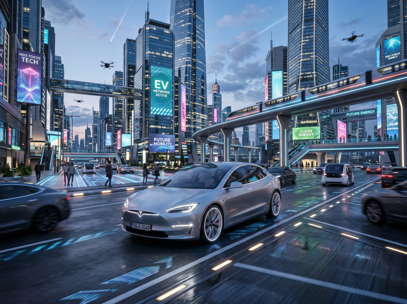 electric car futuristic tesla style vehicle modern city technology
