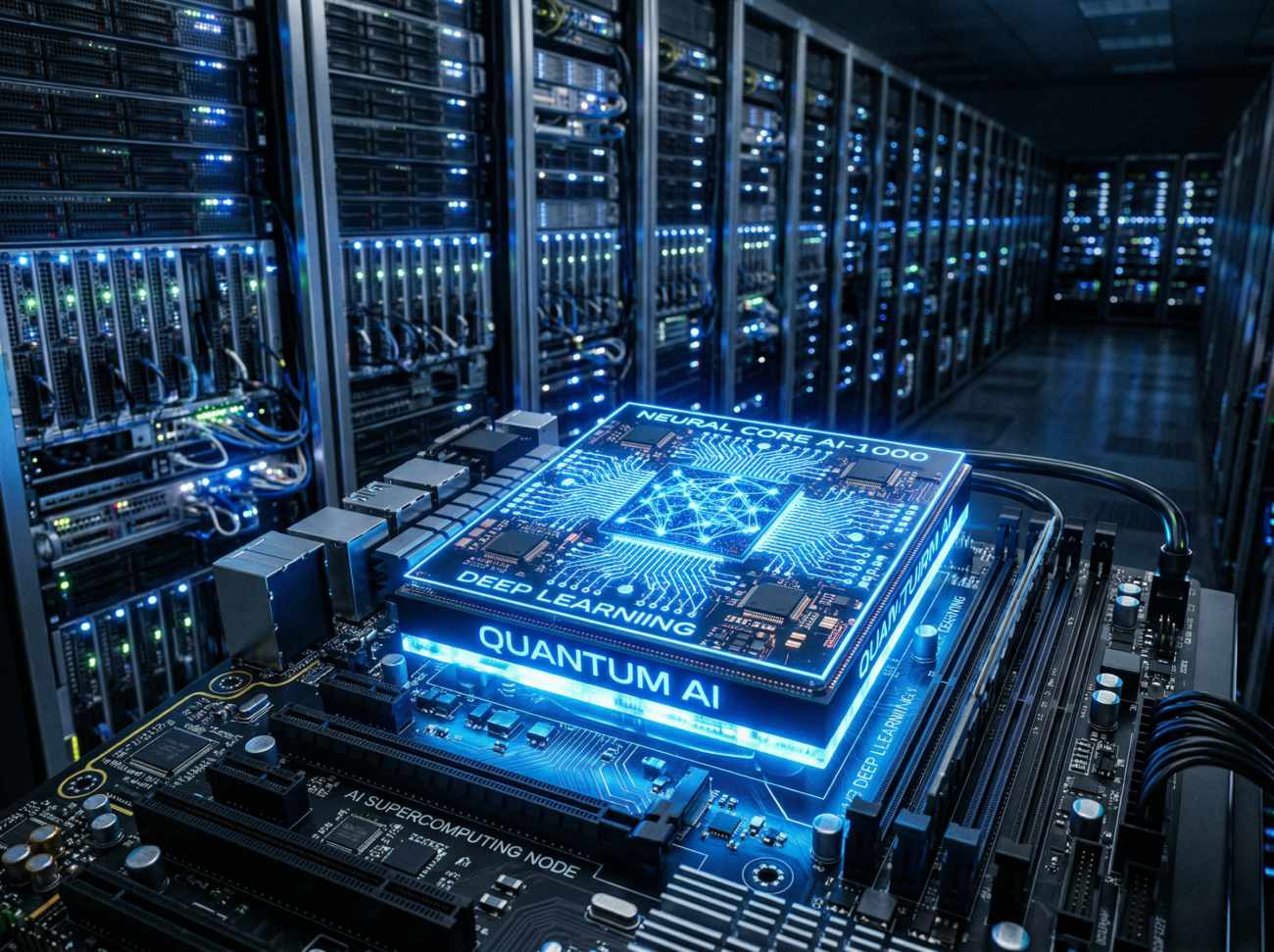 futuristic AI processor chip glowing blue neural network data center