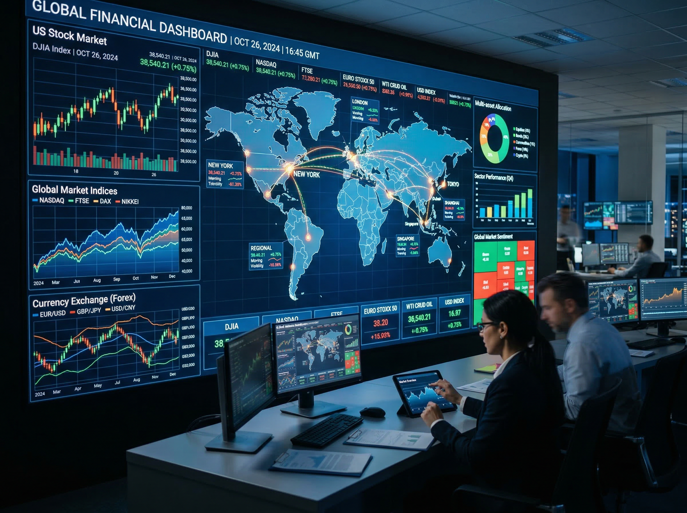 financial charts and world map