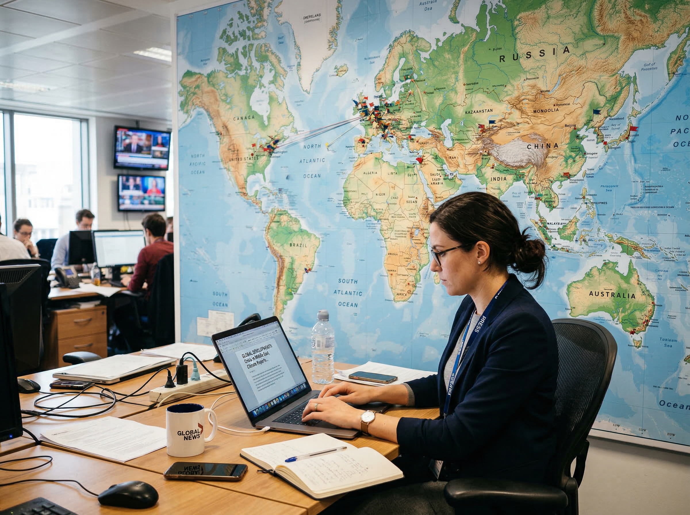 journalist working on laptop with world map background