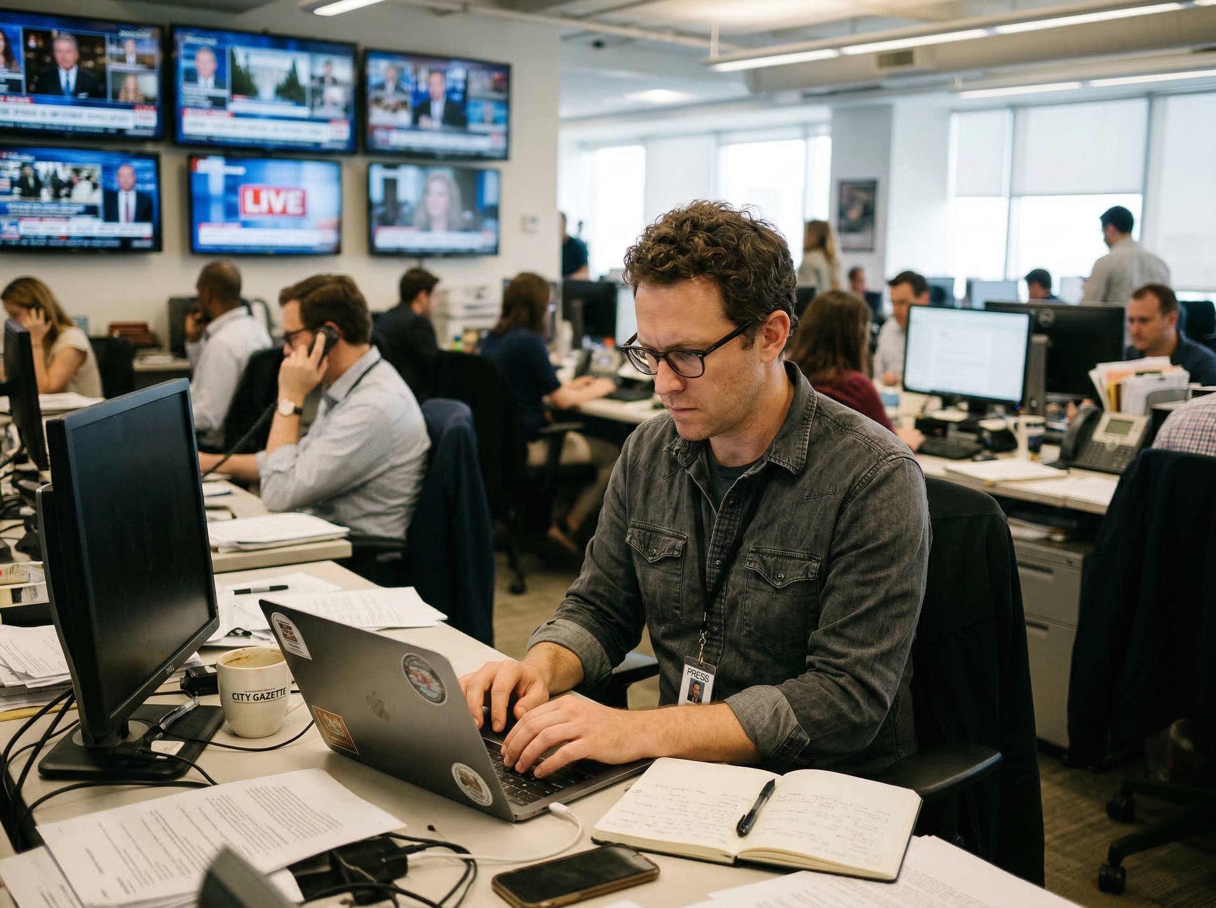 journalist writing article on laptop in newsroom