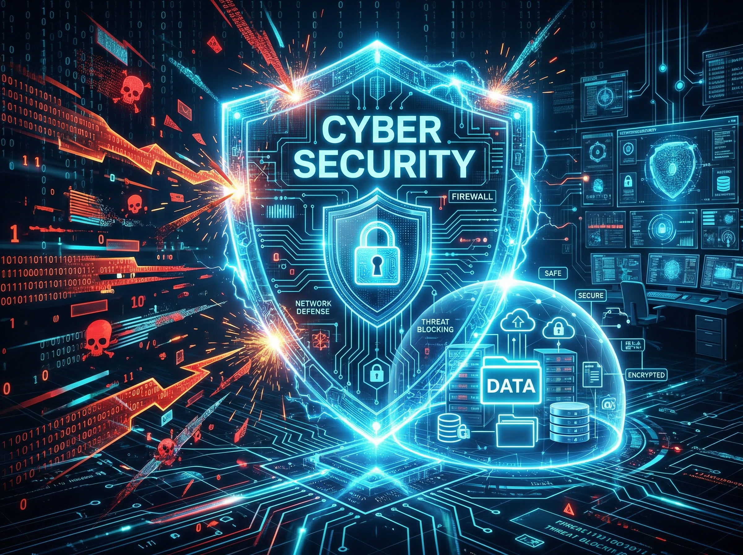 cyber security concept with digital shield protecting data