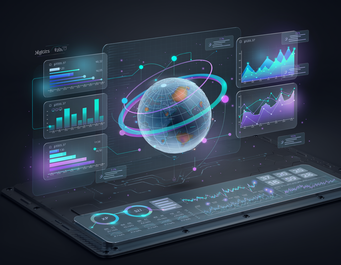 AI powered finance dashboard futuristic interface with data analytics charts”