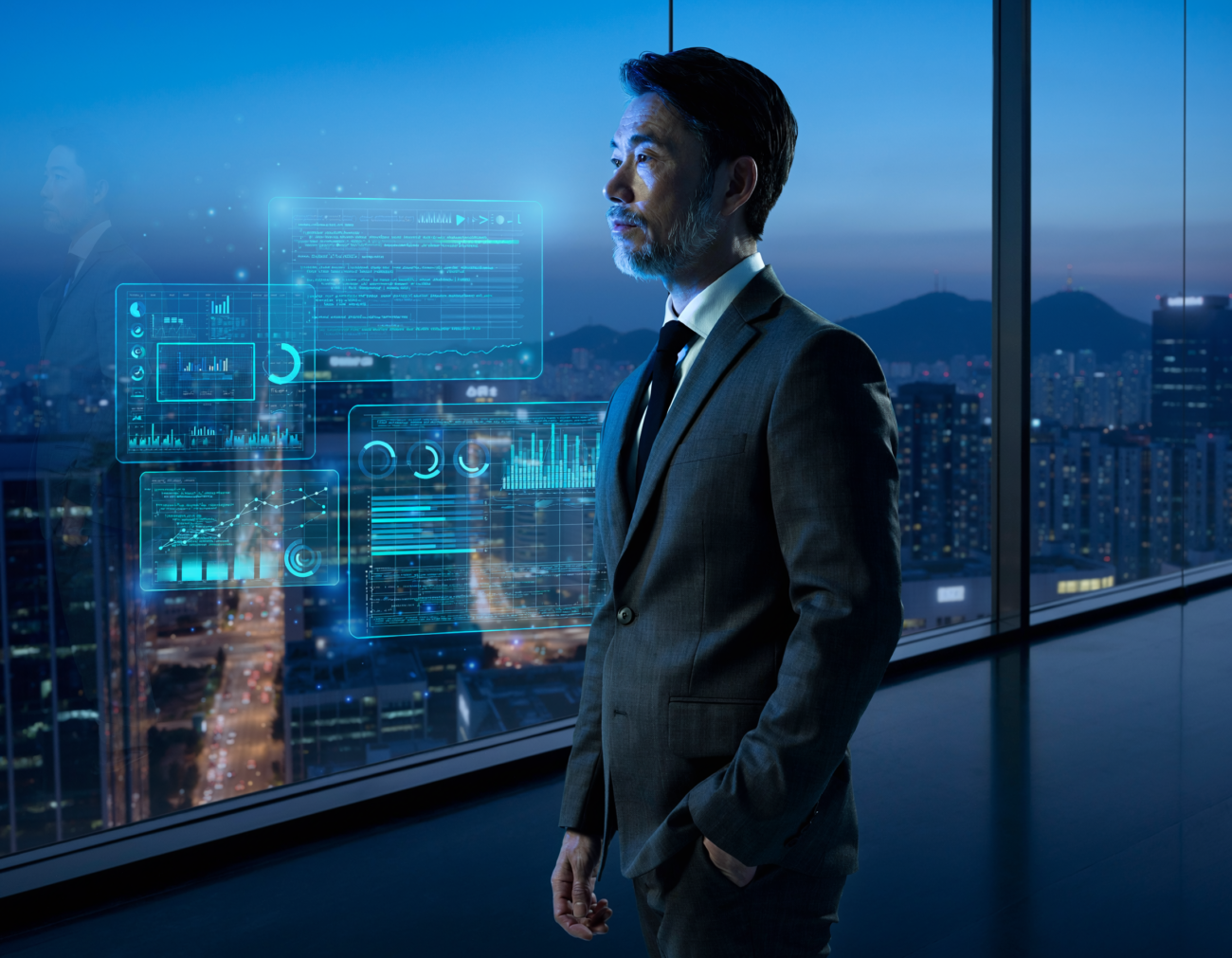 Asian tech billionaire overlooking Seoul skyline with AI hologram data