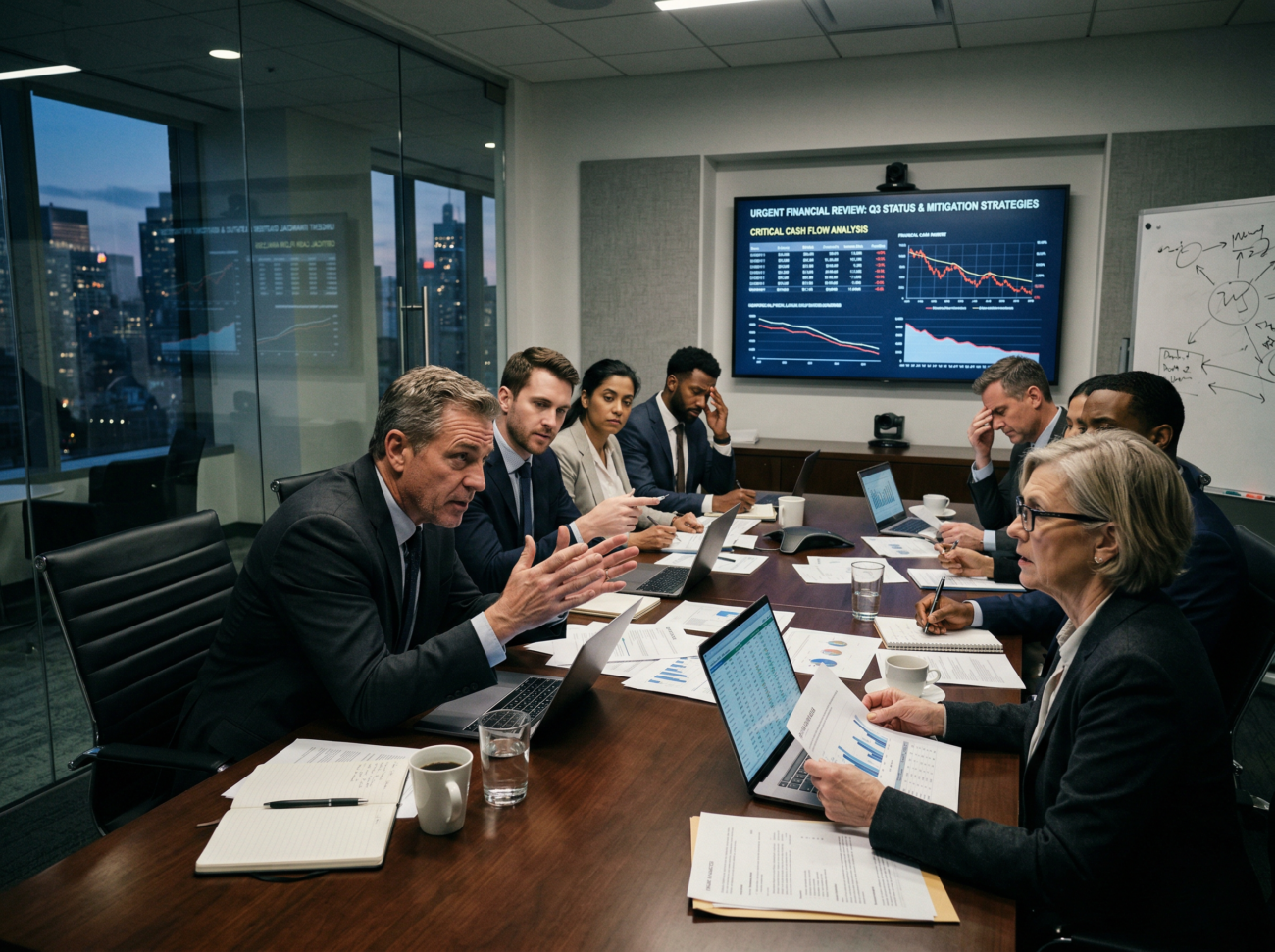 corporate finance crisis meeting boardroom
