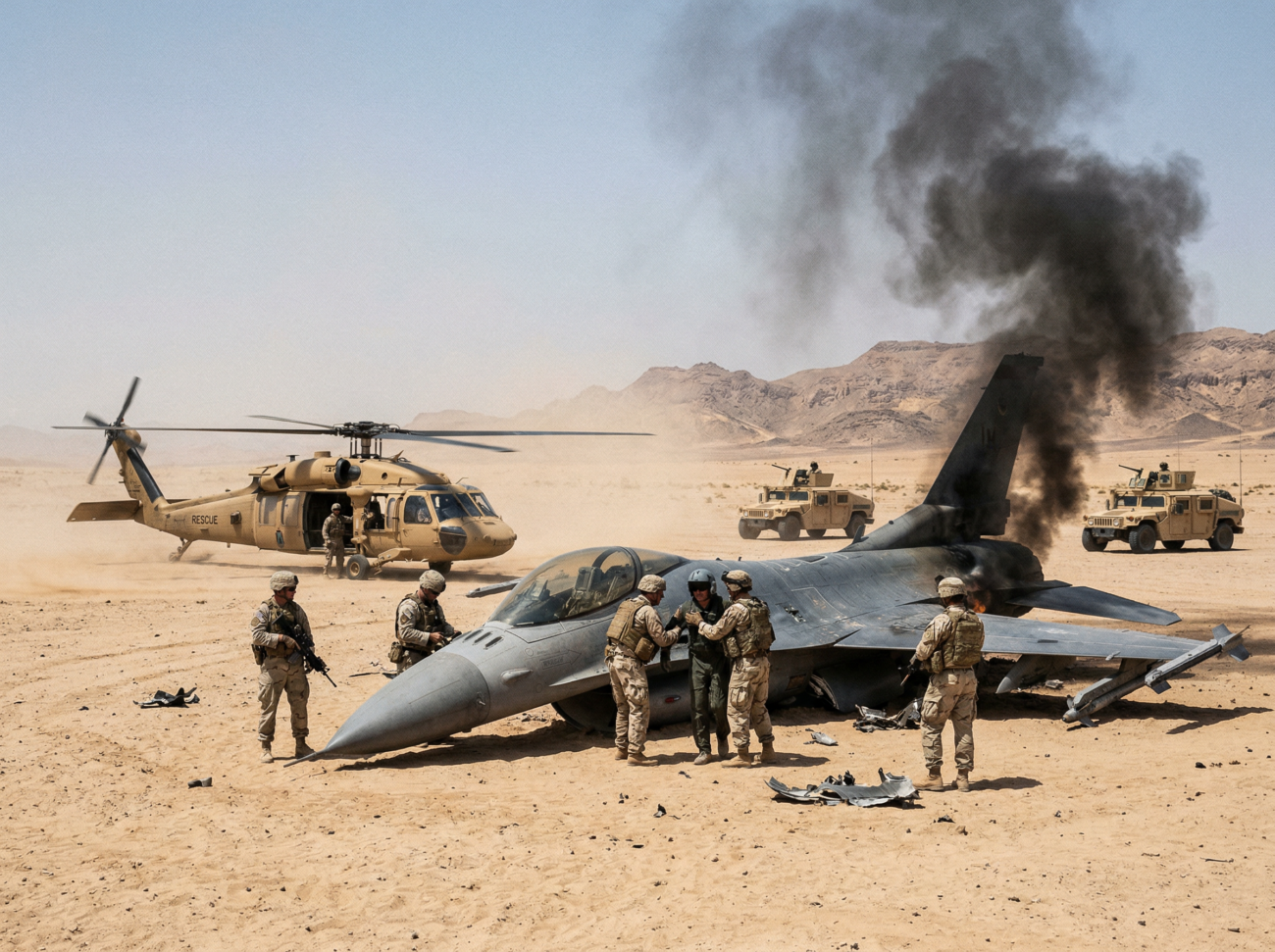 fighter jet down smoke desert rescue military