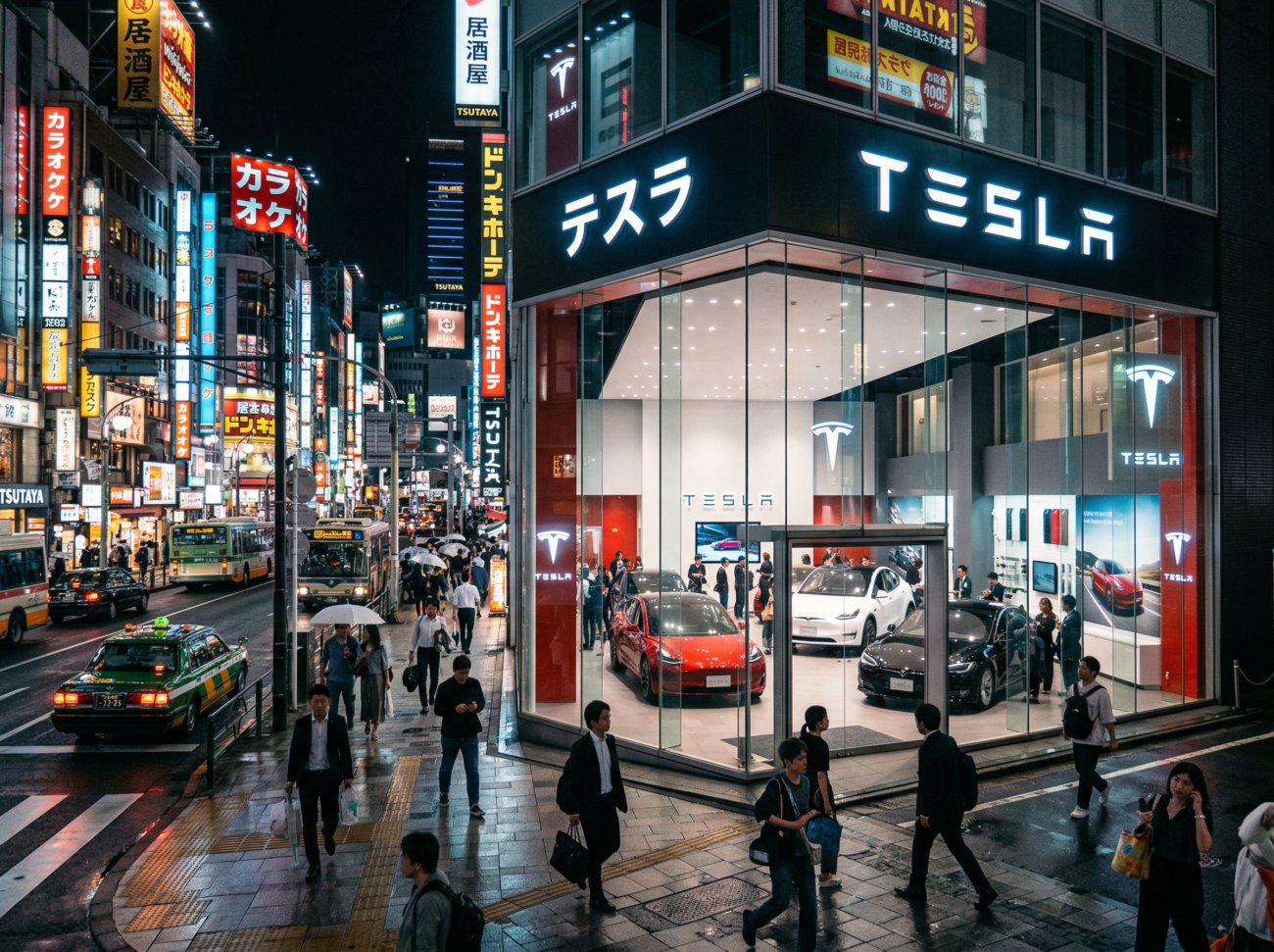 tesla showroom modern electric cars Japan city