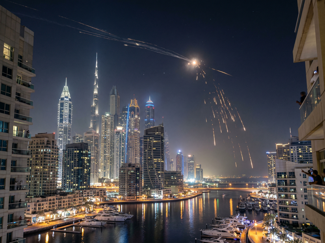 dubai skyline night missile interception debris sky
