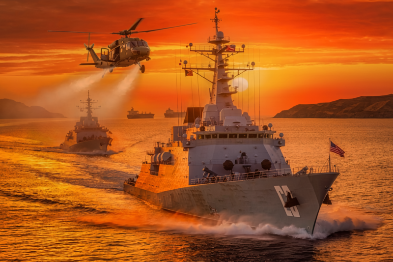 US Navy warships Strait of Hormuz dramatic sunset military tension