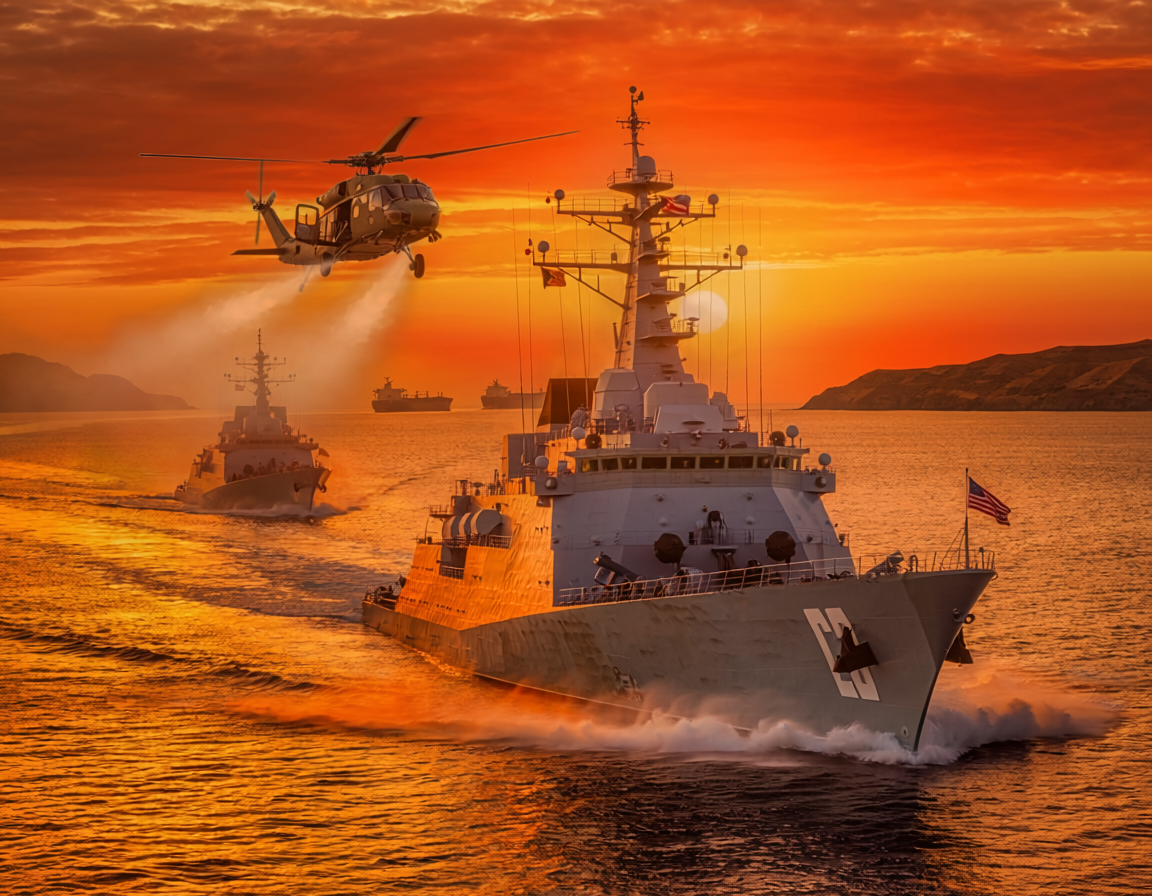 US Navy warships Strait of Hormuz dramatic sunset military tension