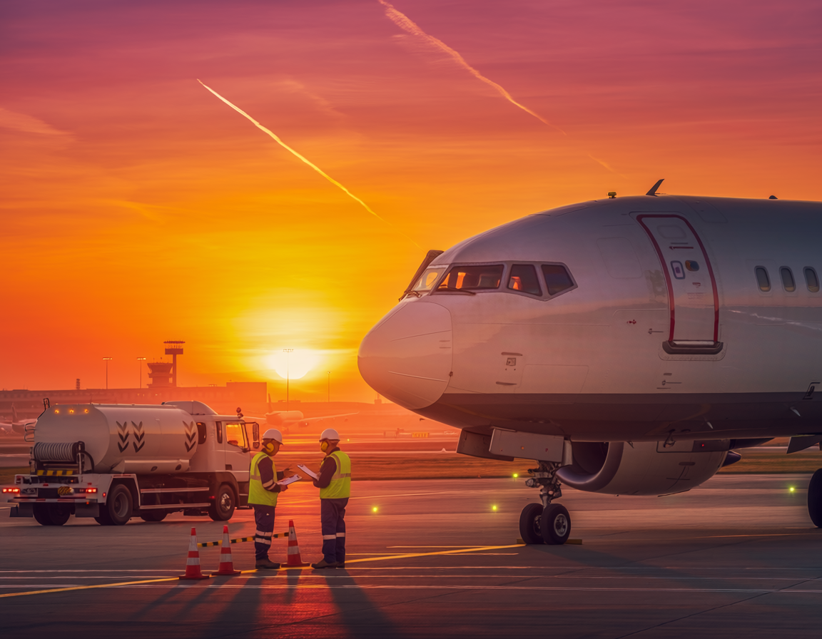 airplane runway sunset fuel crisis dramatic