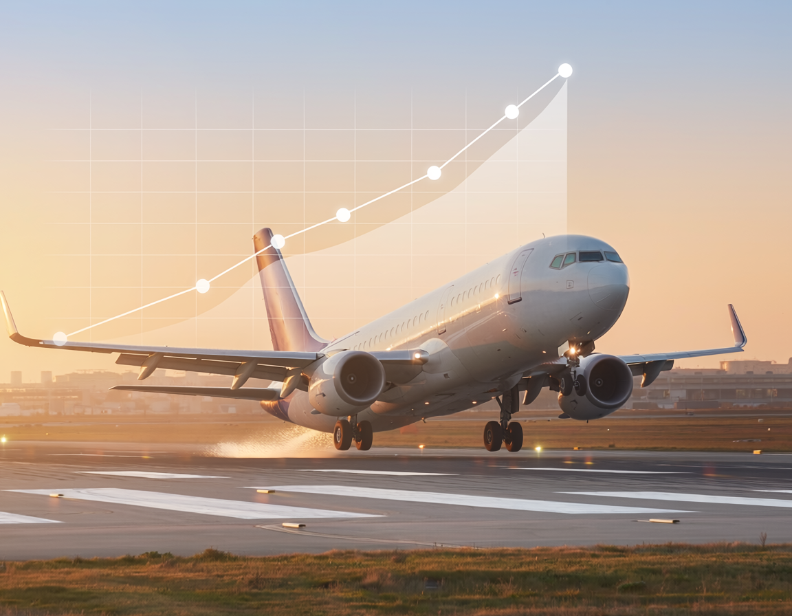 commercial airplane taking off with rising fuel price overlay