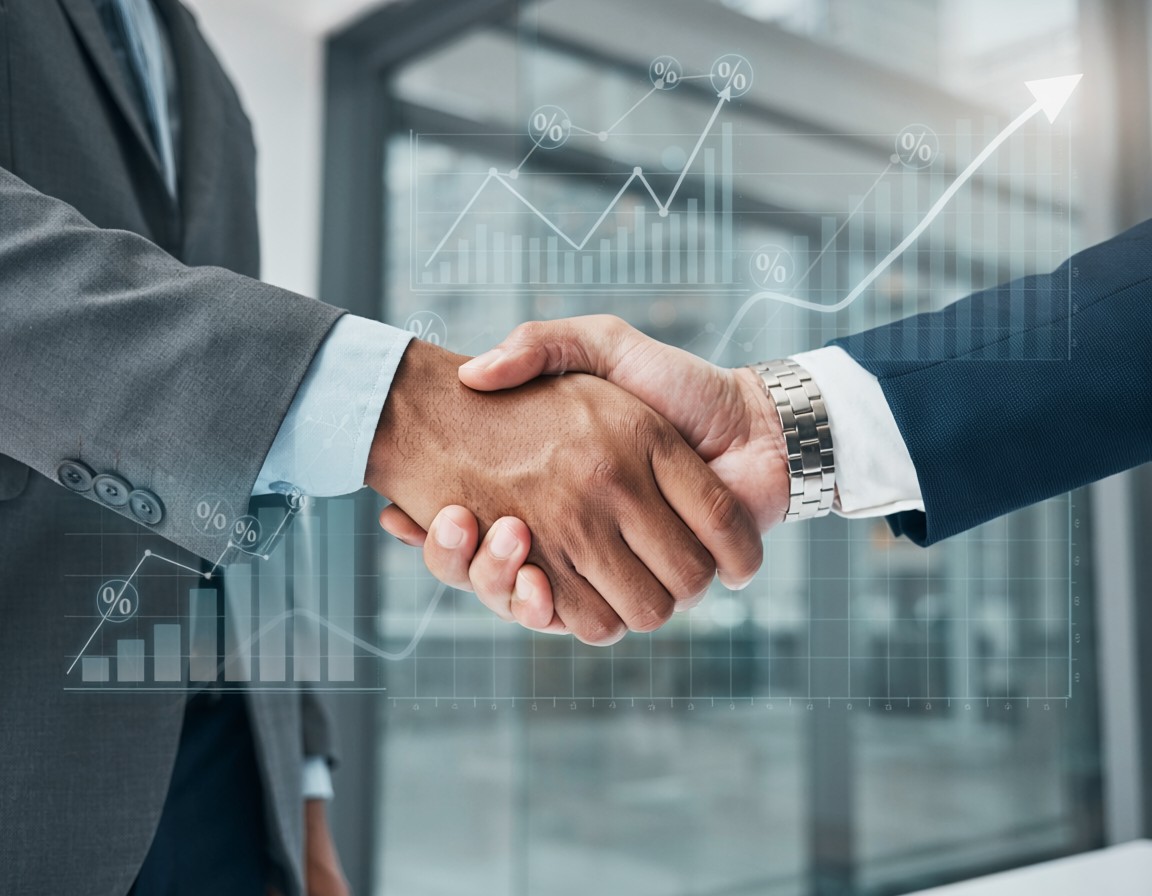 corporate deal handshake overlay finance charts