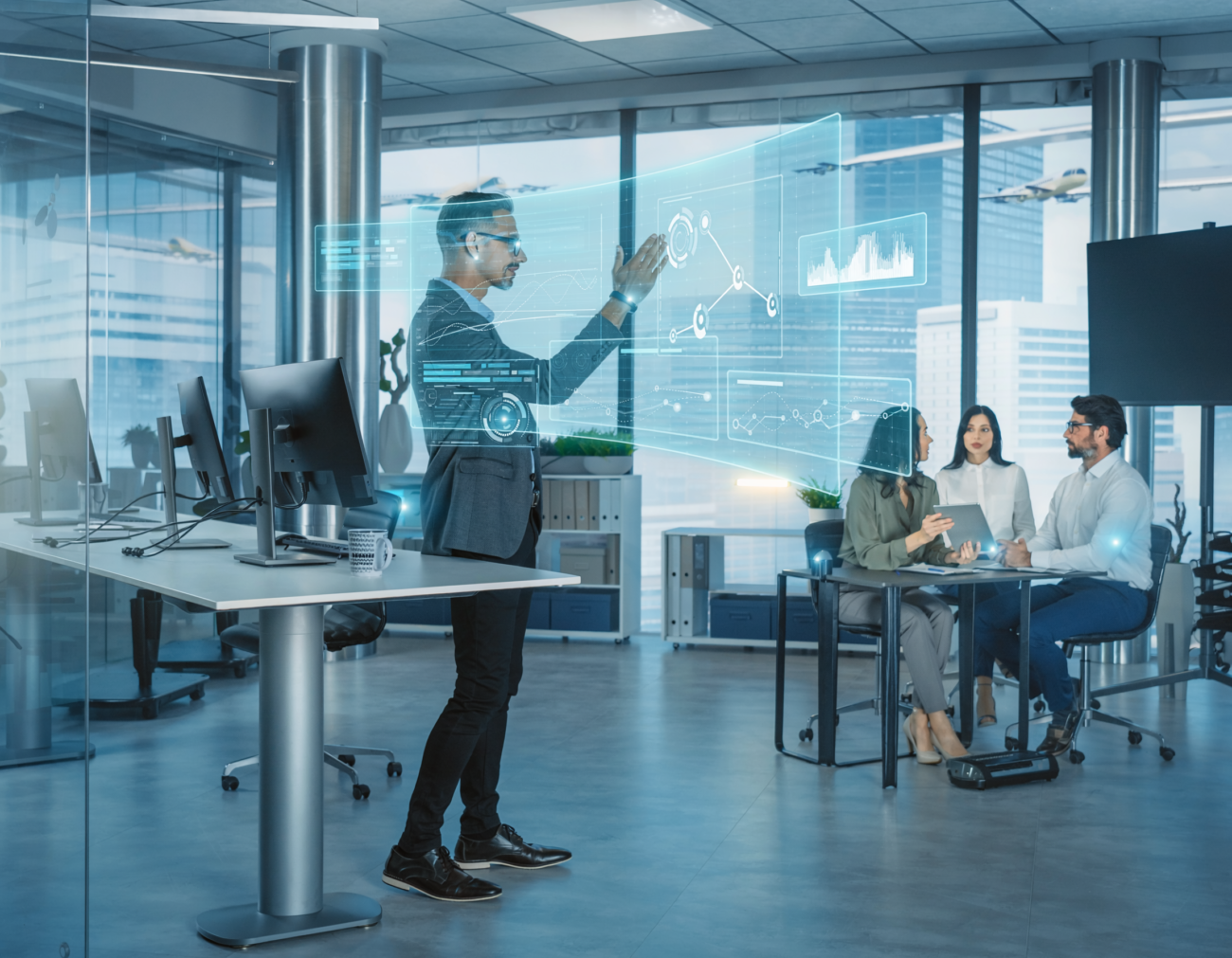 corporate office with AI hologram interface, employees analyzing data, futuristic workplace