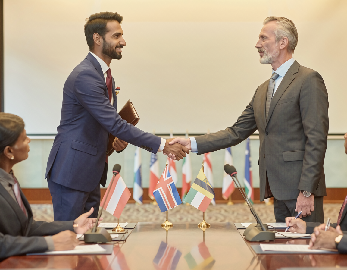 Leaders shaking hands at meeting.