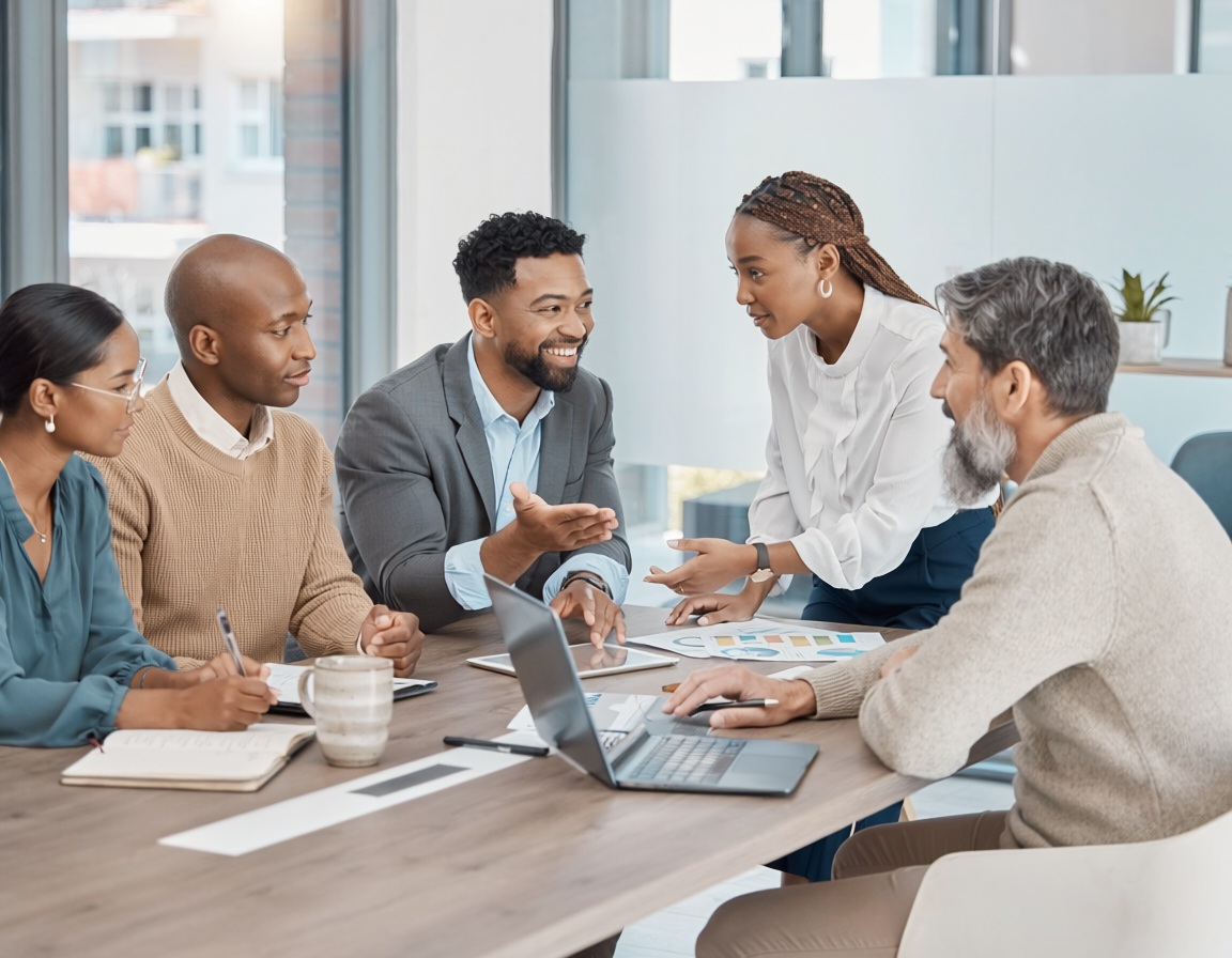 diverse professional team meeting modern office natural light