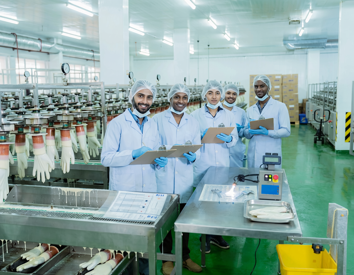 factory workers latex production line