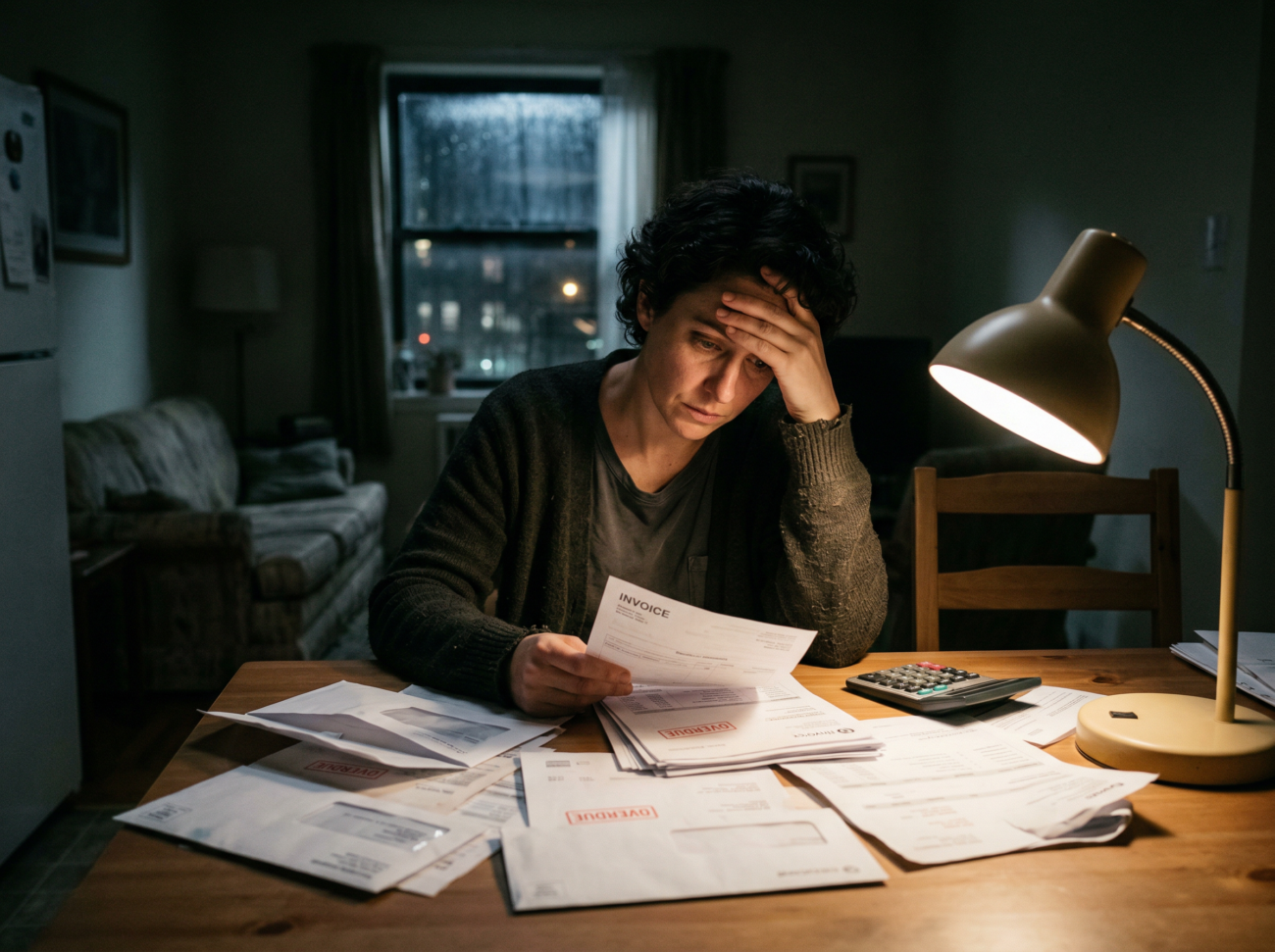 financial stress consumer bills dark lighting