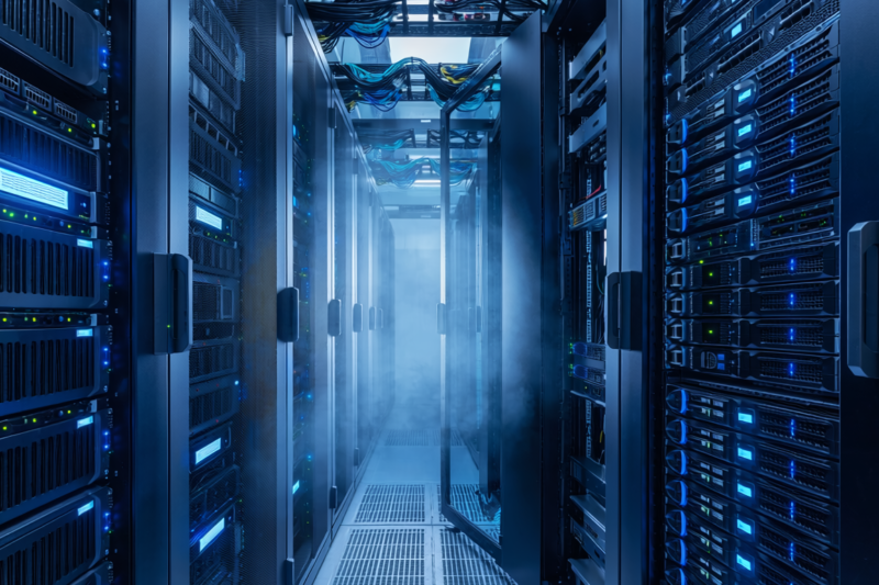 futuristic data center servers glowing blue AI network