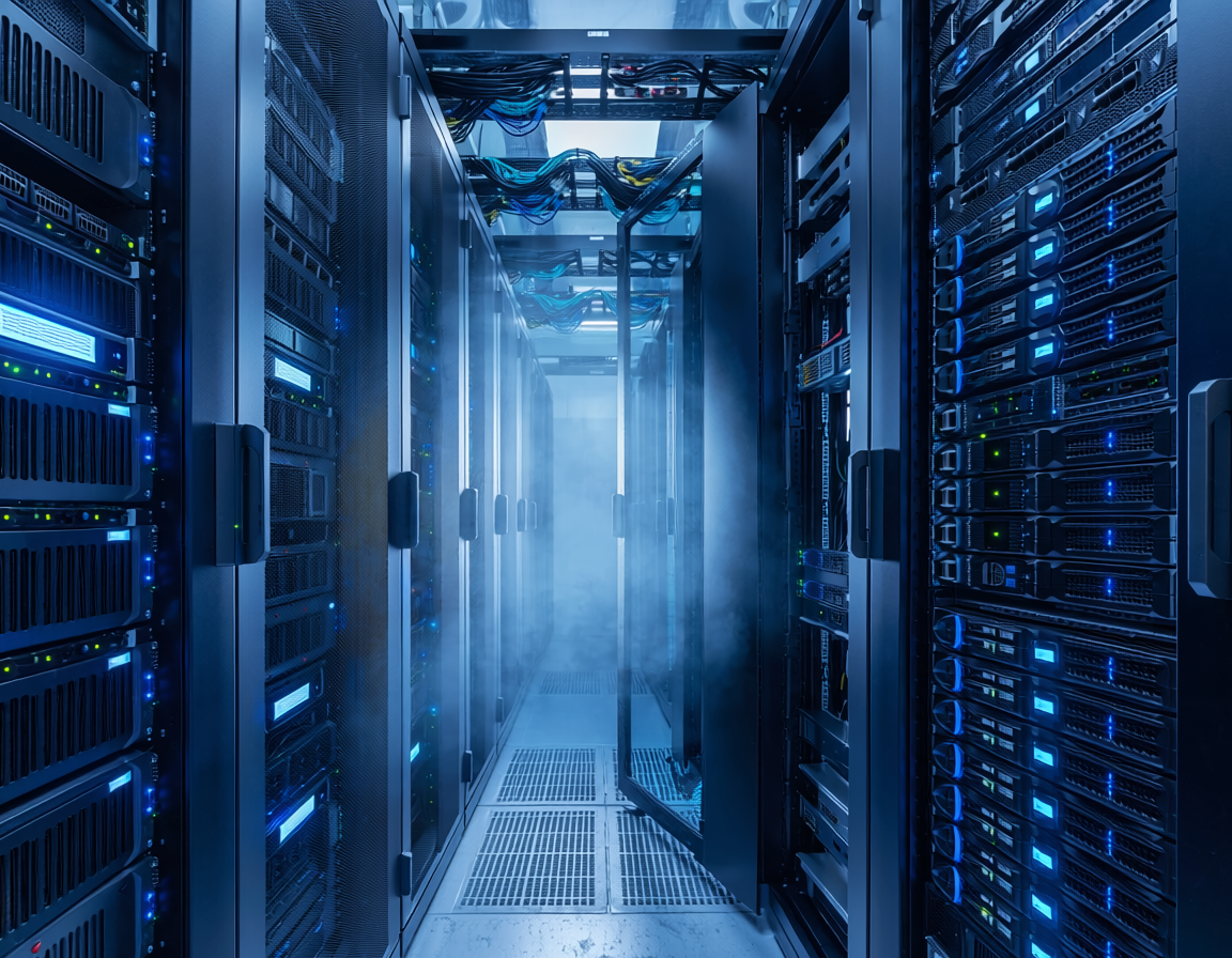 futuristic data center servers glowing blue AI network