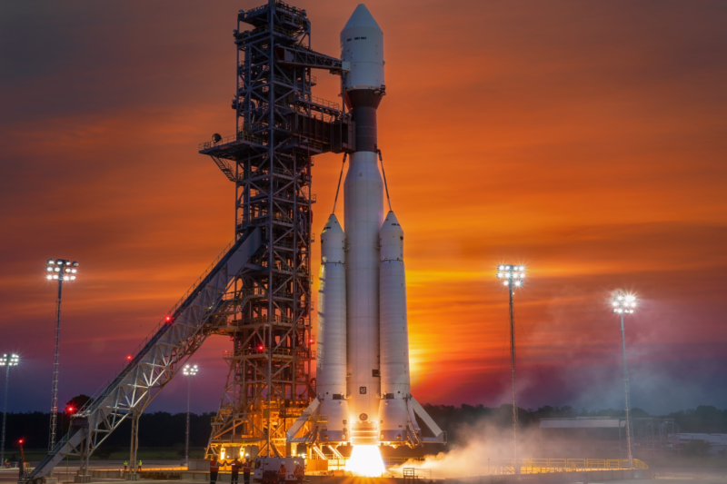 giant rocket on launch pad sunset testing