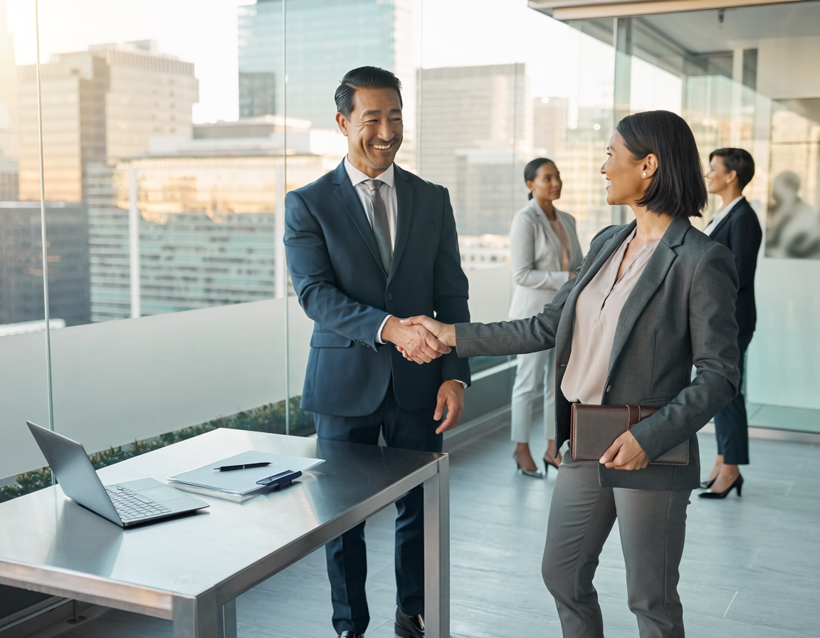 investment banking deal handshake corporate skyline