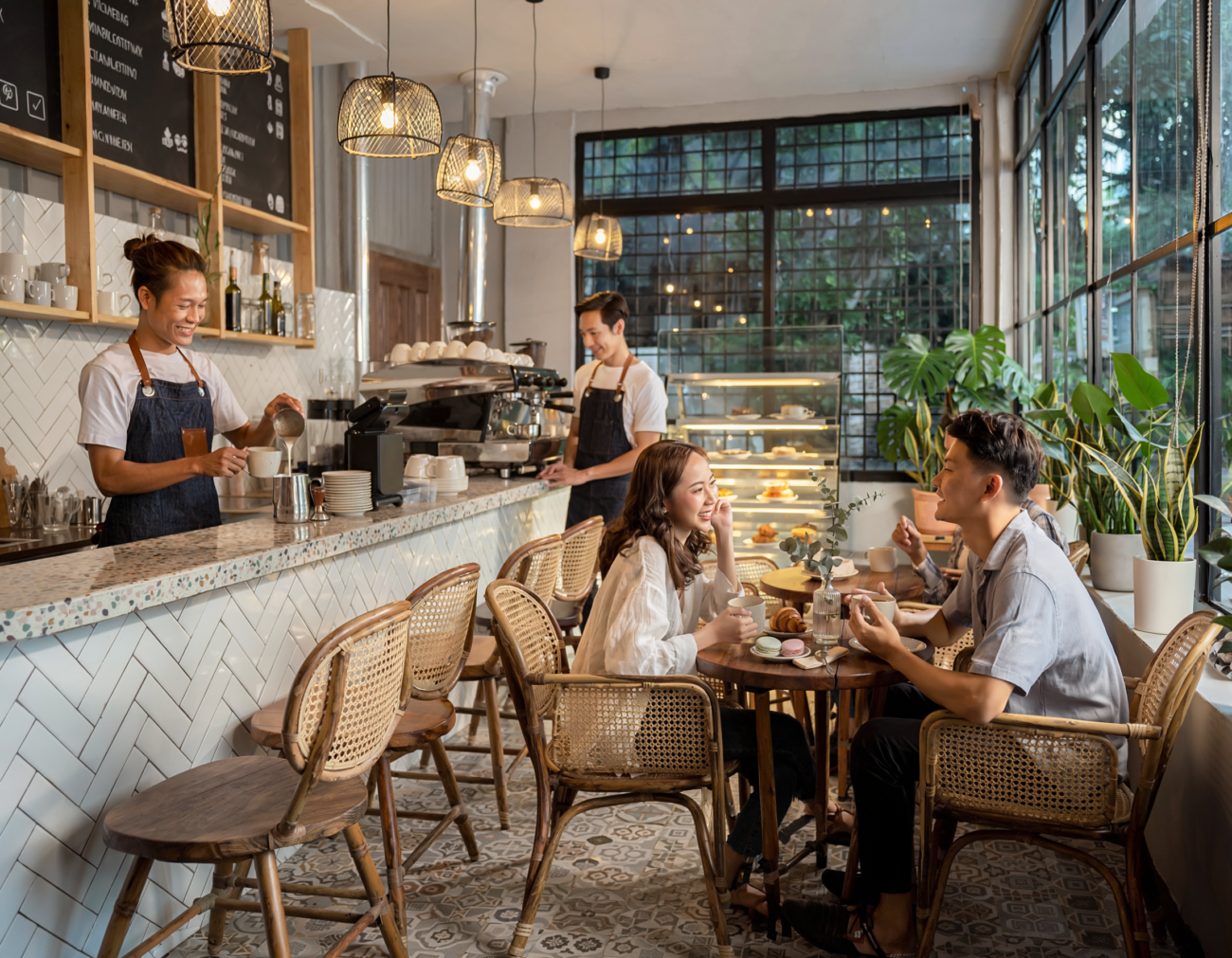 modern Indonesian coffee shop interior, stylish affordable café, warm lighting, customers enjoying coffee