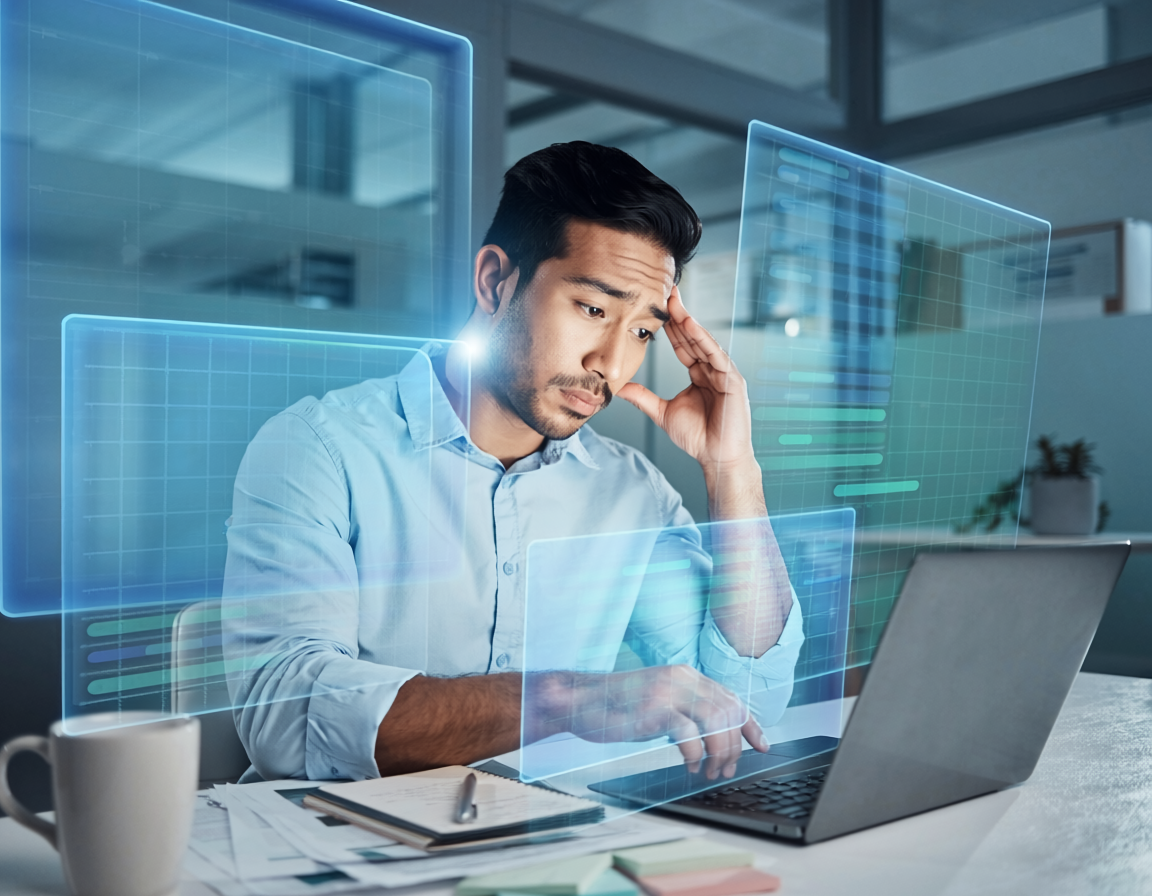 office worker overwhelmed AI hologram screens stress