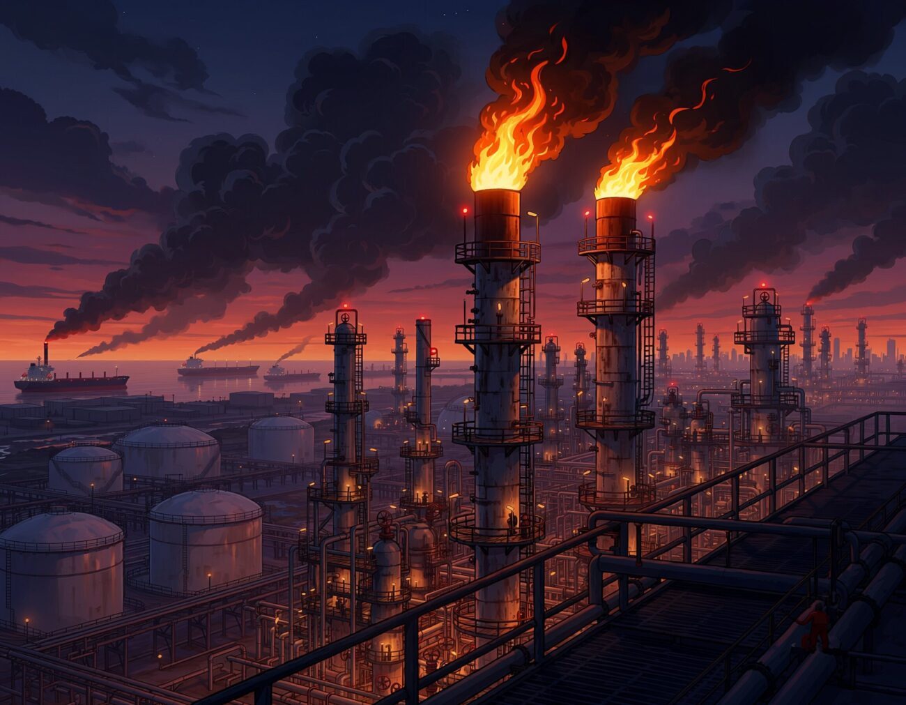 oil refinery flames global energy disruption