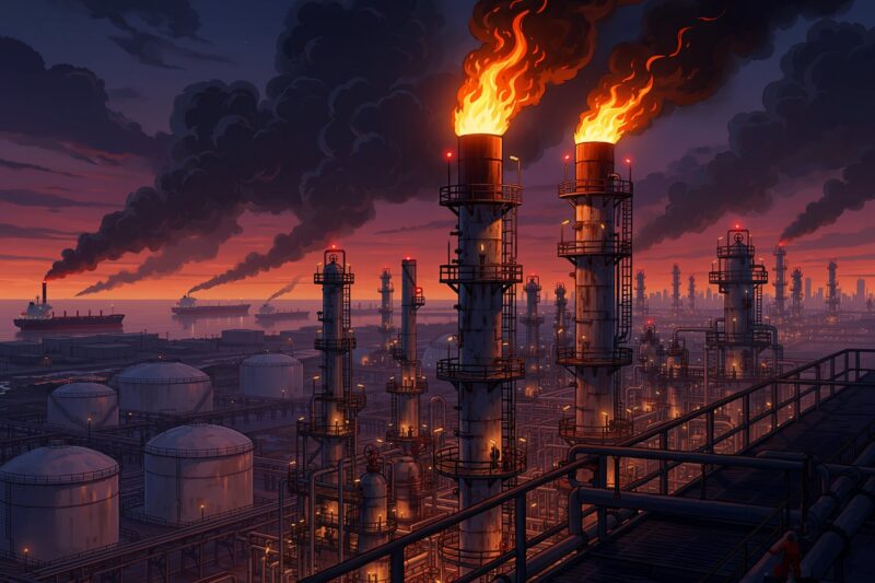 oil refinery flames global energy disruption