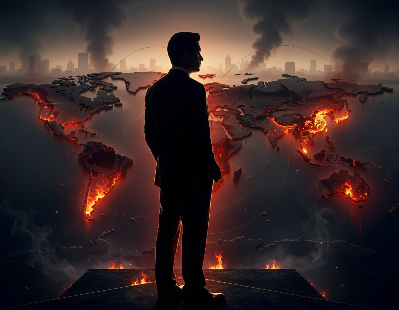 powerful world leader silhouette with collapsing global order and burning conflict regions