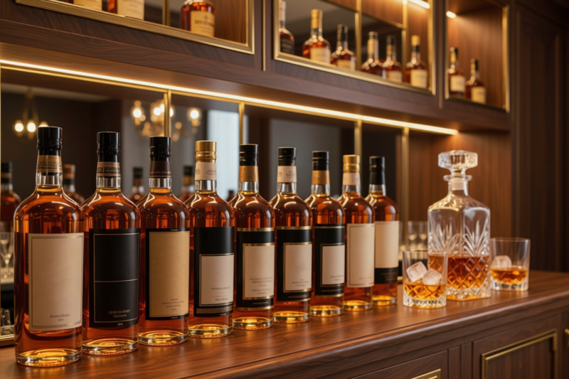 whiskey bottles luxury bar display
